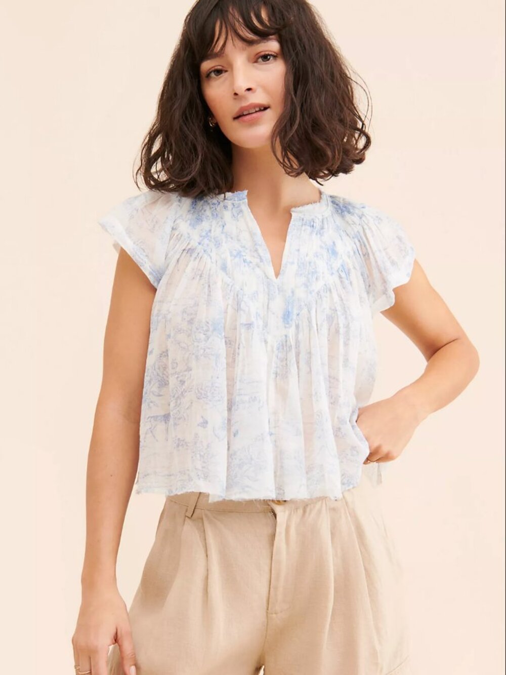Free People FP One Printed Padma Top White Blue Toile Pattern Crop Blouse Top S